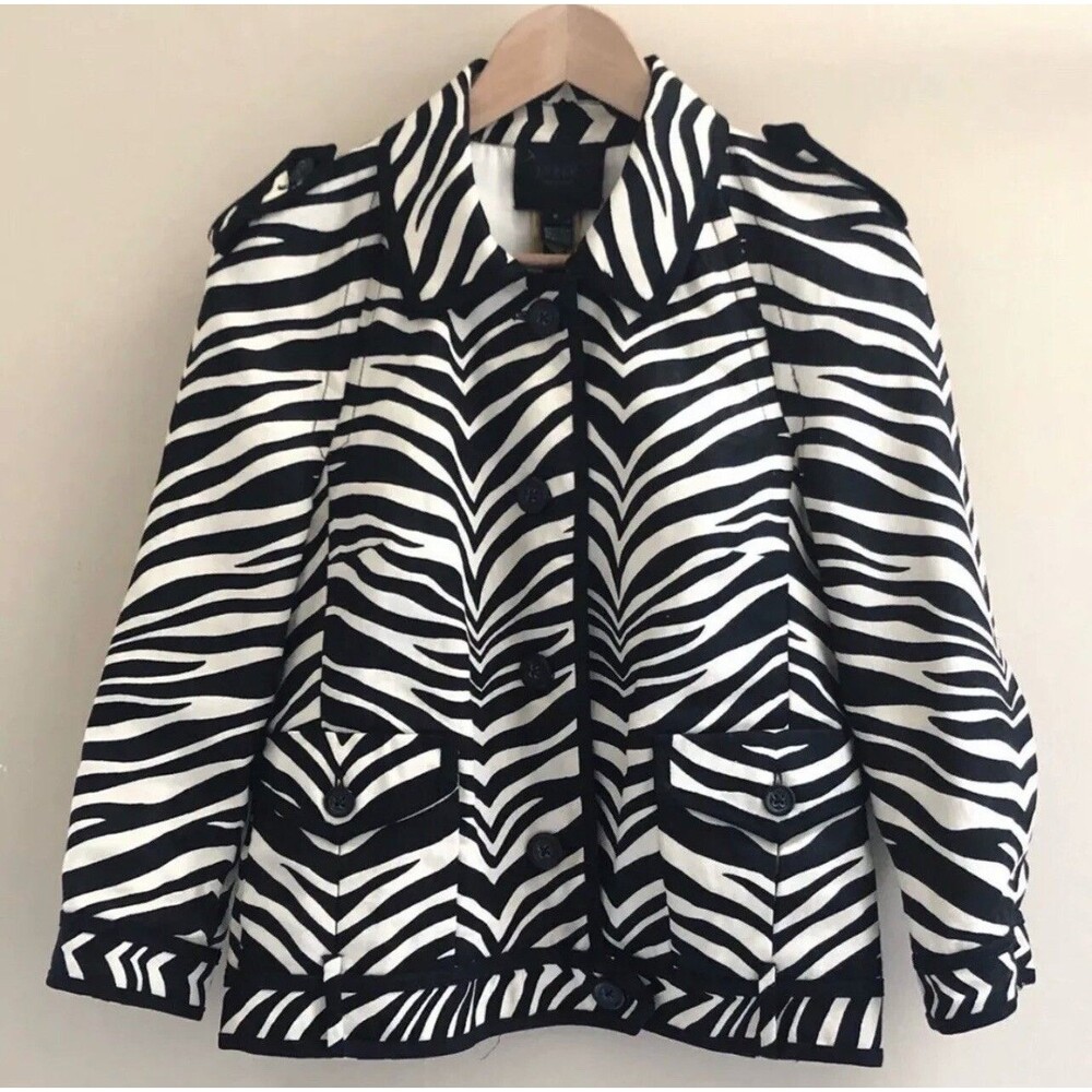 Pre Owned Vintage J. Crew Collection Linen Jacket Zebra Print Blazer Black